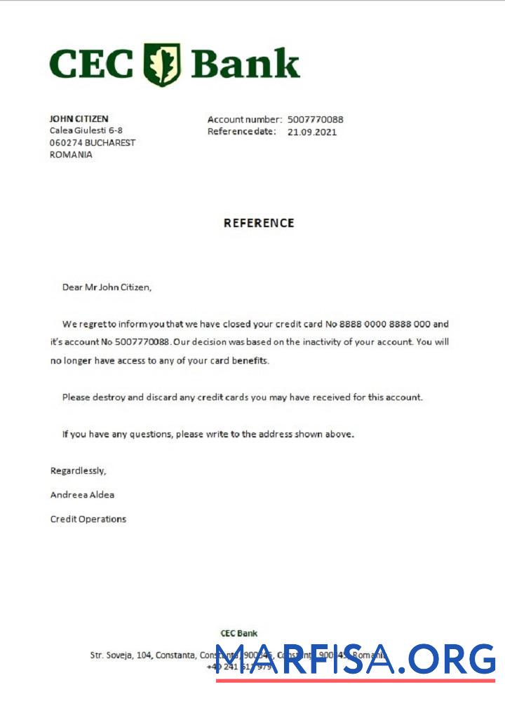 Blank Romania CEC Bank closure reference real example